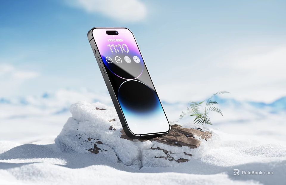 Sleek Modern Smartphone On Rock In Snowy Mountain With Digital Screen 3d model 