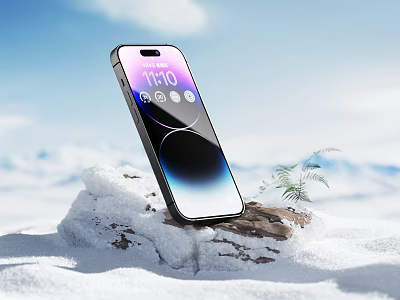 Sleek Modern Smartphone On Rock In Snowy Mountain With Digital Screen 3d model