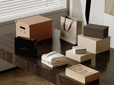 Stylish Storage Baskets with Various Boxes Bins and Folded Towels on Wooden Tabletop 3d model