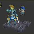 Orange Haired Character in Blue Armor Holding Swords with Blue Cat Creature on Stone Platform