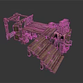 Wooden Building Structure With Wooden Planks Stairs Barrels And Lantern Decorations