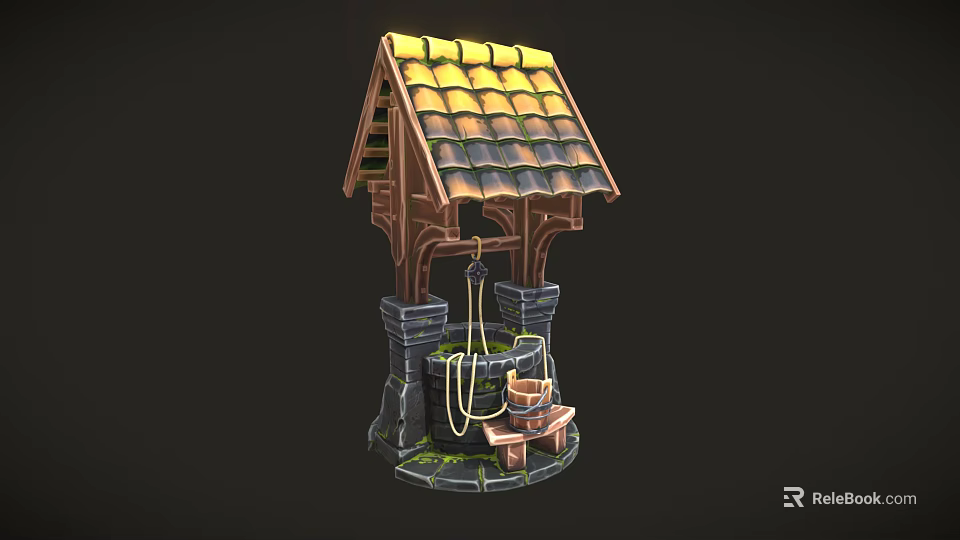 Classic Well Structure With Wooden Roof Yellow Tiles Stone Base Rope And Bucket 3d model 