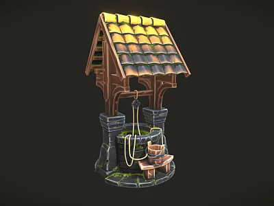Classic Well Structure With Wooden Roof Yellow Tiles Stone Base Rope And Bucket 3d model