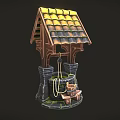 Classic Well Structure With Wooden Roof Yellow Tiles Stone Base Rope And Bucket