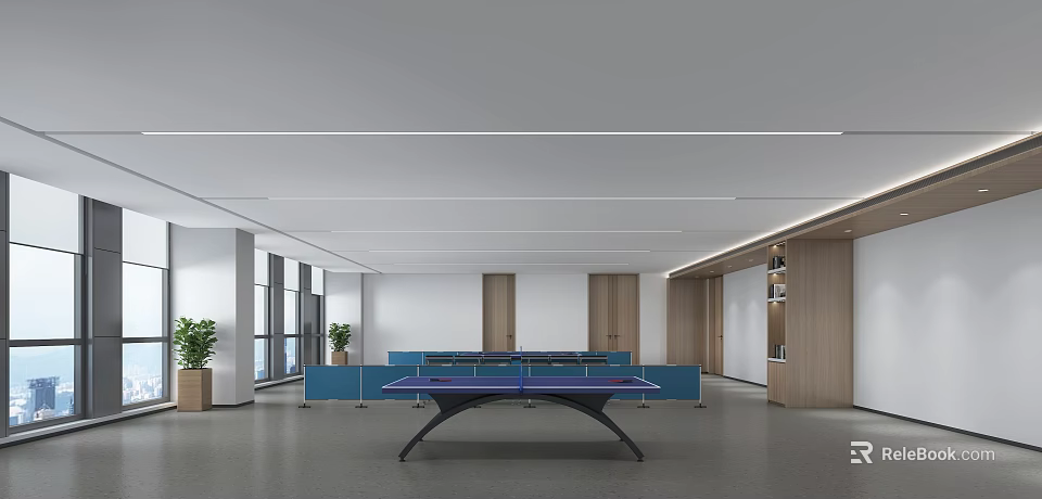Indoor Sports Fitness With Blue Ping Pong Table Black Frame Wooden Cabinets Windows Green Plants 3d model 