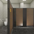 Public Toilet With Modern Wooden Cubicles Metal Frames And Accessible Handrails