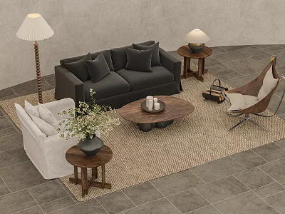 Modern Sofa and Coffee Table Set with Side Tables Table Lamps Woven Rug and Armchair 3d model
