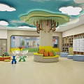 Bright Kindergarten Interior With Cloud Ceiling Tree Structure Cozy Seating And Colorful Toys