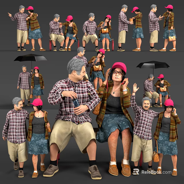 Diverse Group of People in Plaid Shirts Floral Skirts Pink Caps Sitting Standing Holding Umbrellas 3d model 