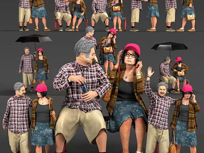 Diverse Group of People in Plaid Shirts Floral Skirts Pink Caps Sitting Standing Holding Umbrellas 3d model