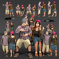Diverse Group of People in Plaid Shirts Floral Skirts Pink Caps Sitting Standing Holding Umbrellas