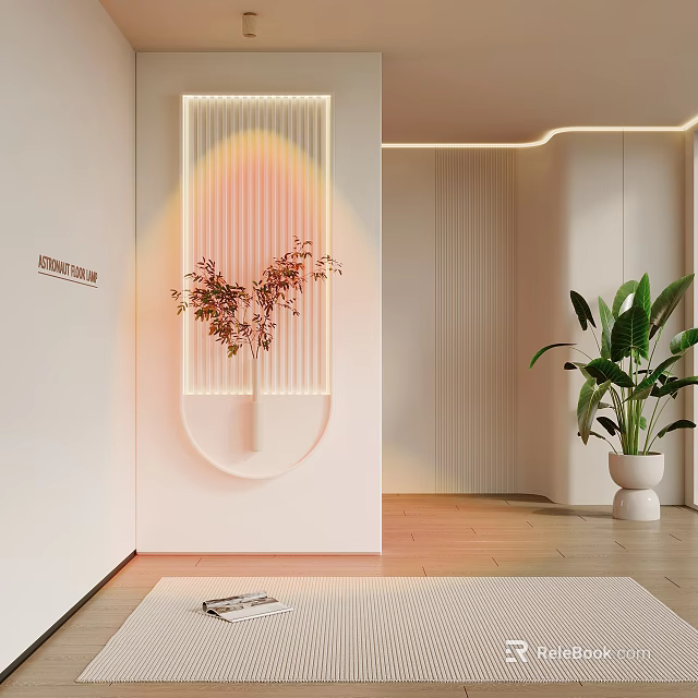 Modern Linear Lighting Partition Interior Design With Green Plant And Vase 3d model 