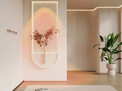 Modern Linear Lighting Partition Interior Design With Green Plant And Vase 3d model