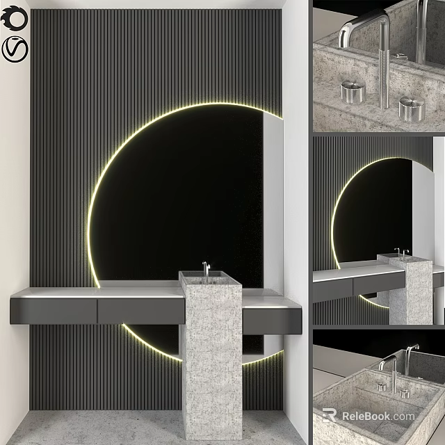 Modern Washbasin With Black Vertical Stripe Backdrop Circular LED Light And Marble Countertop 3d model 