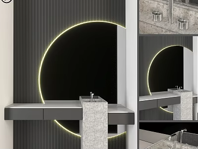 Modern Washbasin With Black Vertical Stripe Backdrop Circular LED Light And Marble Countertop 3d model