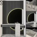 Modern Washbasin With Black Vertical Stripe Backdrop Circular LED Light And Marble Countertop