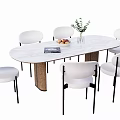 Modern Oval Dining Table Set with Marble Top Wooden Legs White Chairs Black Metal Legs