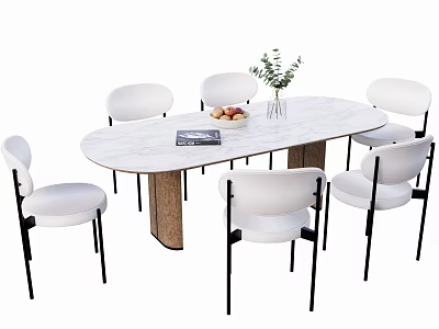 Modern Oval Dining Table Set with Marble Top Wooden Legs White Chairs Black Metal Legs 3d model