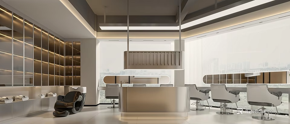 Modern Beauty Hair Salon Interior With Stylish Chairs And Pendant Lights 3d model 