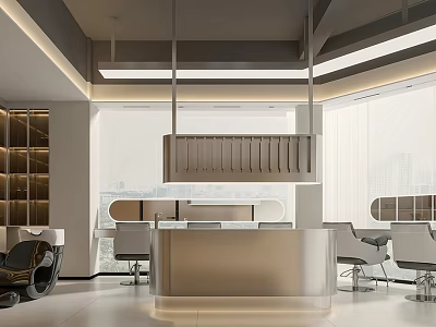 Modern Beauty Hair Salon Interior With Stylish Chairs And Pendant Lights 3d model