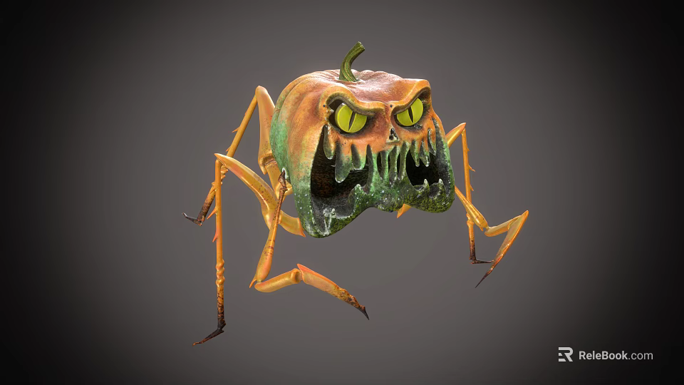 Spooky Halloween Pumpkin Monster With Yellow Eyes Sharp Teeth And Long Legs 3d model 
