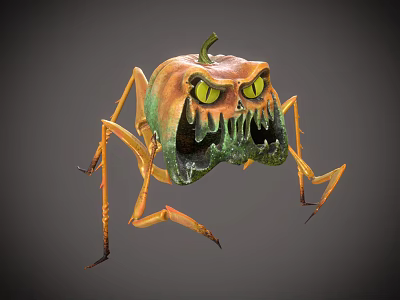 Spooky Halloween Pumpkin Monster With Yellow Eyes Sharp Teeth And Long Legs 3d model