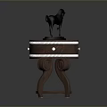 Brown Wooden Side Table With Round Top Drawer And Black Horse Figurine
