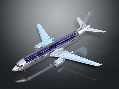 Passenger Airplane Cabin Interior With Transparent Design Silver Body And Detailed Seats Layout 3d model