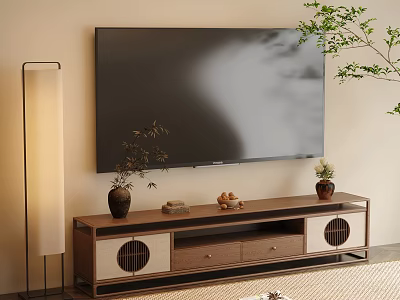 Wooden TV Stand With Wall Mounted TV Decorative Plants And Ornaments 3d model