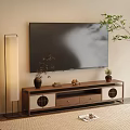 Wooden TV Stand With Wall Mounted TV Decorative Plants And Ornaments