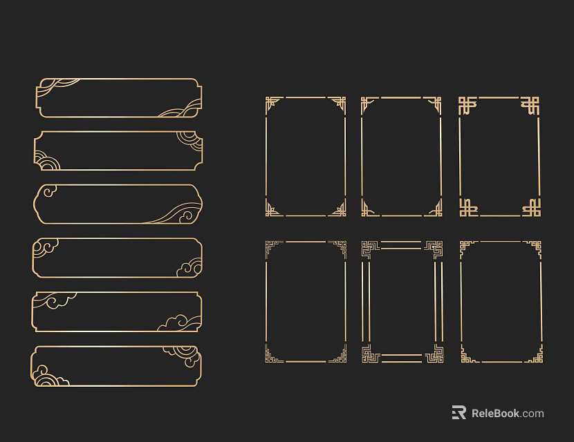 Elegant Ornament Decoration Set With Golden Decorative Frames And Traditional Patterns 3d model 