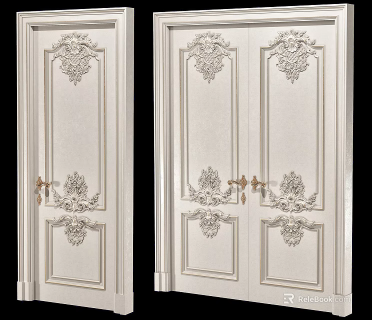 Elegant White Double Doors With Intricate Carved Patterns And Classic Design 3d model 