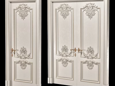 Elegant White Double Doors With Intricate Carved Patterns And Classic Design 3d model