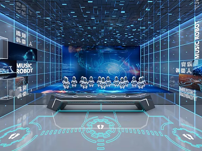 Modern Sci-Fi Exhibition Hall With Robots Laser Show Blue Lighting Stage And Screens 3d model