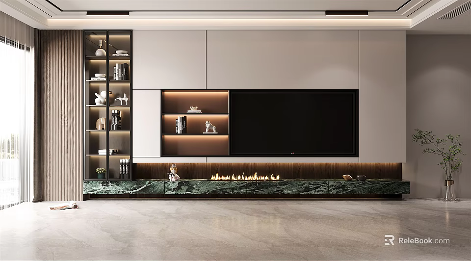 Modern TV Wall Design With Storage Cabinets LED Lights And Decorative Shelves In Living Room 3d model 