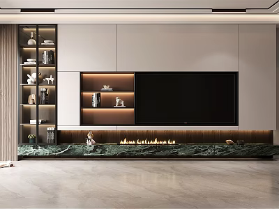 Modern TV Wall Design With Storage Cabinets LED Lights And Decorative Shelves In Living Room 3d model