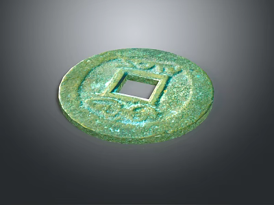 Unique Green Ancient Coin Jewelry Featuring Round Shape Square Center Hole And Engraved Patterns 3d model