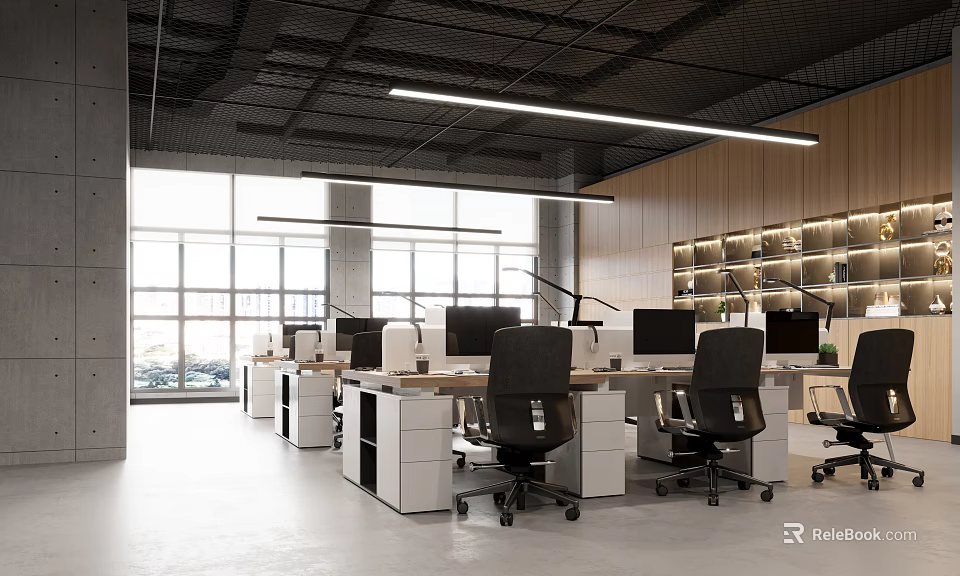 Modern Public Office Space With Open Layout Desks Computers Office Chairs And Large Windows 3d model 