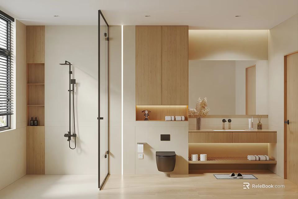 Modern Bathroom Interior Design With Wooden Cabinets Shower And Vanity 3d model 