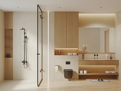 Modern Bathroom Interior Design With Wooden Cabinets Shower And Vanity 3d model