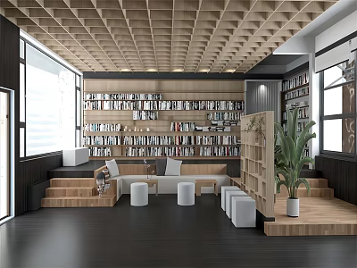 Book Art Interior Design With Bookshelves Sofa Green Plants And Wooden Grid Ceiling 3d model