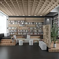 Book Art Interior Design With Bookshelves Sofa Green Plants And Wooden Grid Ceiling