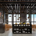 Wooden Ceiling Restaurant Interior With Pendant Lights Counter Wooden Tables And Menu Posters