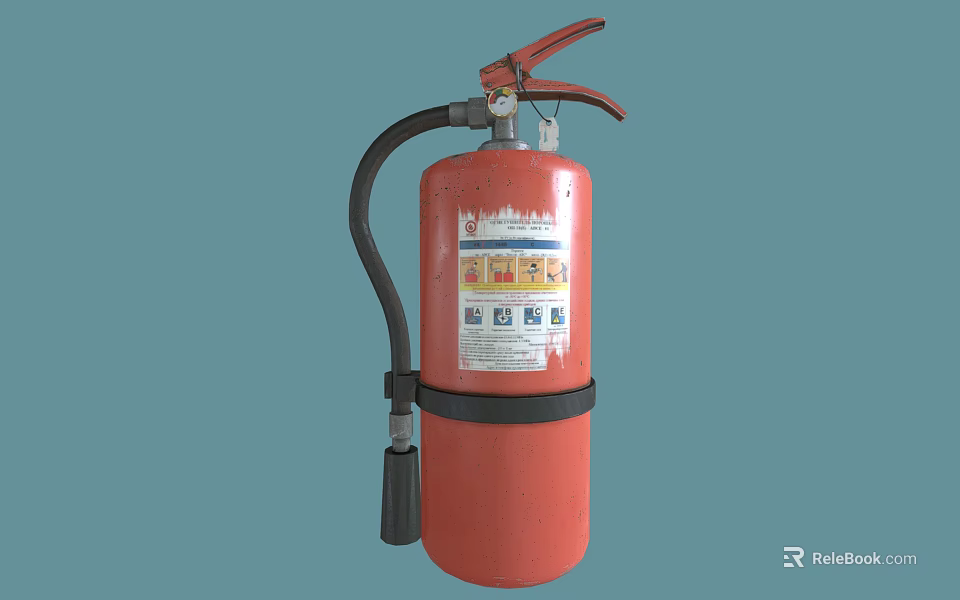 Red Portable Fire Extinguisher With Black Hose And Safety Instruction Labels 3d model 