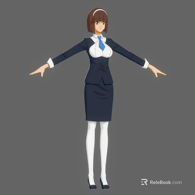 A Woman In Dark Blue Suit Skirt With White Shirt And Blue Tie Arms Outstretched 3d model 