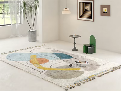 Colorful Geometric Square Area Rug With Tassel Edges In Modern Living Room With Wall Art 3d model