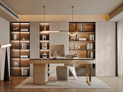 Elegant Modern Study Room Interior Design With Wooden Bookshelves Desk And Pendant Lights 3d model