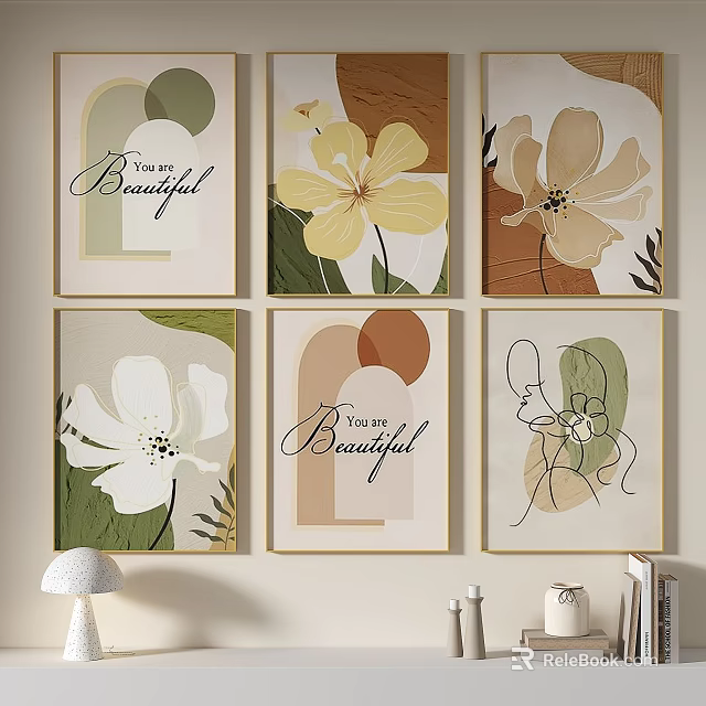 Abstract Wall Art Paintings With Floral Typography And Minimalist Design 3d model 