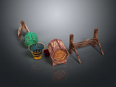 Decorative Scene Components With Wooden Stands Green Spherical Decor And Textured Containers 3d model