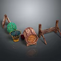 Decorative Scene Components With Wooden Stands Green Spherical Decor And Textured Containers